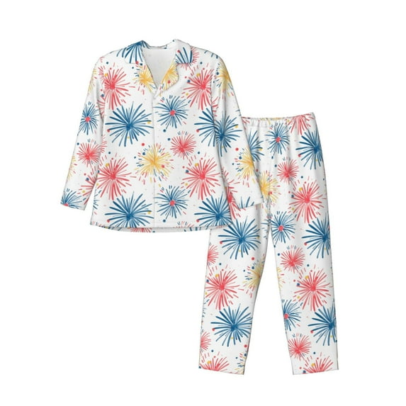 Daiia Bright Colorful Fireworks for Men's Long-Sleeved Pajama Set – Soft & Comfortable Sleepwear Button-Up Pajamas Cozy Lounge Wear-Medium