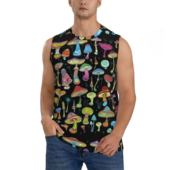 Daiia Bright Mushrooms Printed Men's Tank Tops,Casual Soft Sleeveless Gym Muscle Shirts Bodybuilding Tee-X-Large
