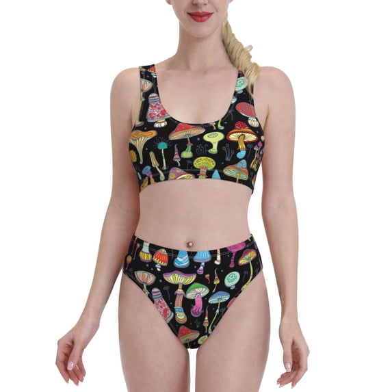 Daiia Bright Mushrooms printed 2 piece Swimsuit Bikinis for Women High Waisted Racerback Bathing Suits Summer Tummy Control Scoop Neck Swimwear-X-Large