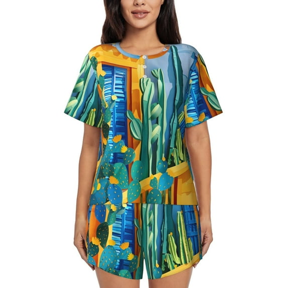 Daiia Bright Paper Cactus Scene Pattern Womens Pajama Sets Short Sleeve Pajamas for Women Sets Soft Lounge Sets Casual Round Neck Sleepwear PJS-X-Large