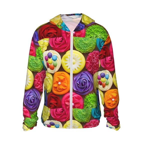 Daiia Brightly Colored Cupcakes UPF 50+ Sun Protection Hoodie Jacket Lightweight Long Sleeve Sun Shirt for Women Men with Pocket Hiking Outdoor-3X-Large
