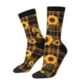 thumbnail image 1 of Daiia Brown Blue Plaid Sunflower Print Crew Socks – Soft Breathable Long Socks for Men & Women, Moisture-Wicking & Comfortable Daily Wear Socks, One-Size Fits Most (US 5-11), 1 of 6