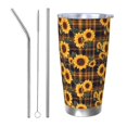 thumbnail image 1 of Daiia Brown Blue Plaid Sunflower Printed 20oz Insulated Coffee Cup with Straw Topper, Fully Spill Proof Travel Coffee Mug, Stainless Steel Tumbler for Work Home Outdoor Car-Straw Three-piece Set, 1 of 8