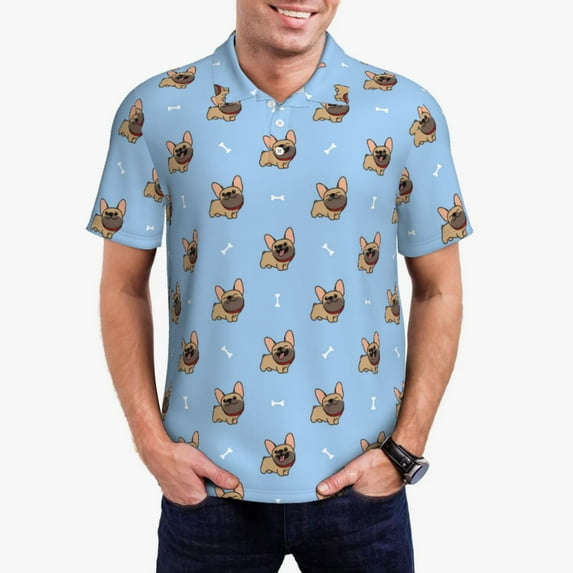 Daiia Brown French Bulldog Pattern Men’s Polo Shirts,Solid Deck Shirt,Classic Fit, Breathable Cotton Polo for Casual and Sport Wear-Small