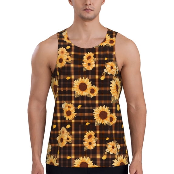 Daiia Brown Plaid Sunflower Printed Men's Quick Dry Fit Muscle Tank Top Slim-Fit Tank Workout Tank Top Lightweight Sports Tank Top-Small