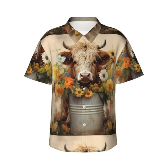 Daiia Bucket Flower Cow Hawaiian Shirt for Men Gentle Cotton Regular Short Sleeve Casual-Small