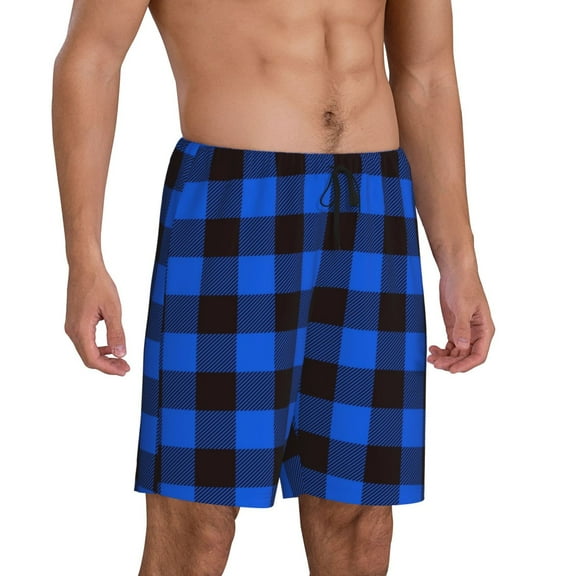 Daiia Buffalo Plaid Blue Black Mens Woven Stretch Pajama Short,Short Pajama Pants-Small