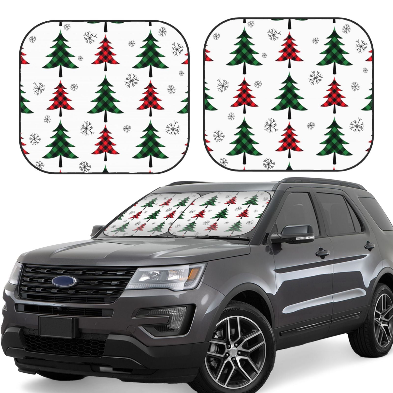 Daiia Buffalo Plaid Christmas Trees Windshield Sun Shade 2 Pack