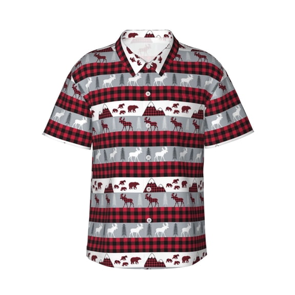 Daiia Buffalo Plaid Forest Hawaiian Shirt for Men Gentle Cotton Regular Short Sleeve Casual-3X-Large