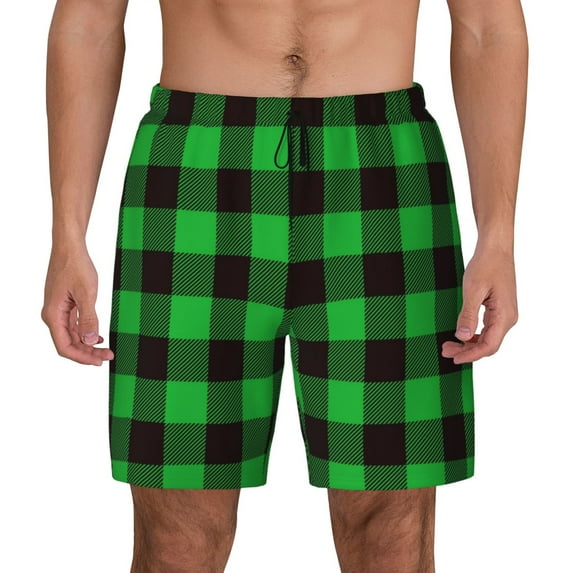Daiia Buffalo Plaid Green Black Mens Swim Trunks Swim Shorts Quick Dry Swim Shorts with Mesh Lining Pockets-Small