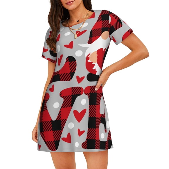 Daiia Buffalo Plaid Love And Gnome Print Women's Nightshirt Soft Nightgowns for Women Short Sleeve dress Short-sleeved Sleepwear