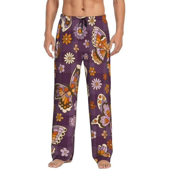 Daiia Buffalo Plaid and Butterflys Men's Sleep Pant with Pockets and Drawstring,Pajama Pants-X-Large