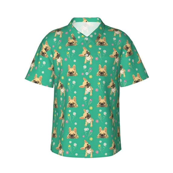 Daiia Bulldog Puppy Flower Hawaiian Shirt for Men Gentle Cotton Regular Short Sleeve Casual-XX-Large