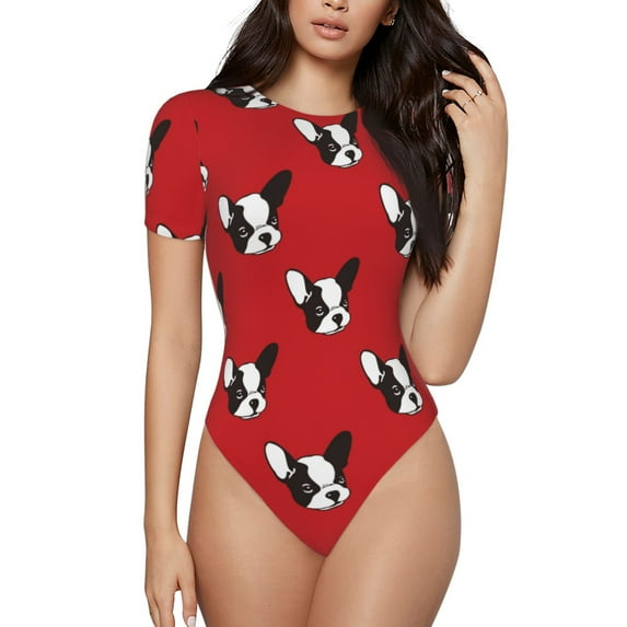 Daiia Bulldog Red print Women's Crew Neck Short Sleeve Bodysuit Fashion Tops Fit Casual Basic Extender Bodysuit-Large