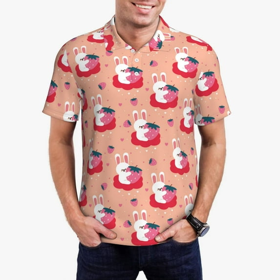 Daiia Bunny And Strawberry Pattern Men’s Polo Shirts,Solid Deck Shirt,Classic Fit, Breathable Cotton Polo for Casual and Sport Wear-3X-Large