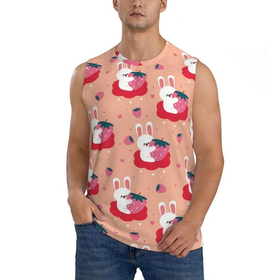 Daiia Bunny And Strawberry Printed Men's Tank Tops,Casual Soft Sleeveless Gym Muscle Shirts Bodybuilding Tee-X-Large