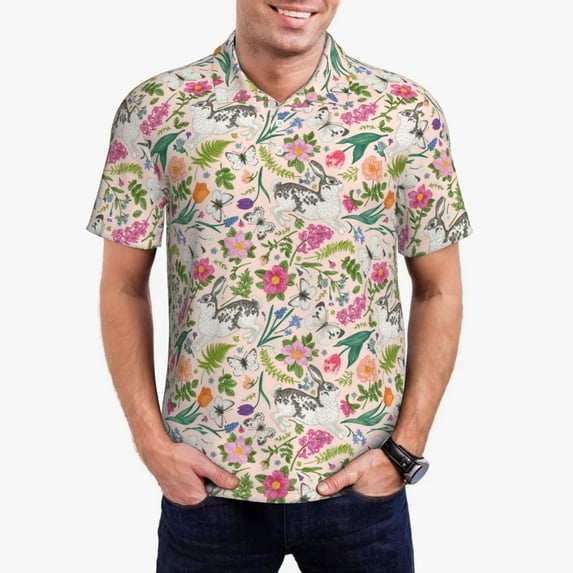 Daiia Bunny Floral Pattern Men’s Polo Shirts,Solid Deck Shirt,Classic Fit, Breathable Cotton Polo for Casual and Sport Wear-Large