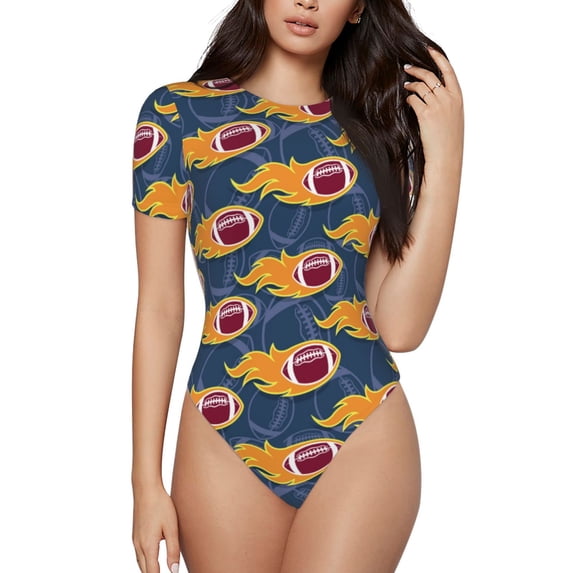Daiia Burning Rugby Balls print Women's Crew Neck Short Sleeve Bodysuit Fashion Tops Fit Casual Basic Extender Bodysuit-Medium