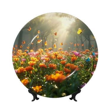 Daiia Butterflies In Flower Field Printed Pattern Ceramic Plate Dinner Plates Bone China Decorative Plates with Display Stand Art Ceramic Ornaments for Wall Hanging Decoration-6in