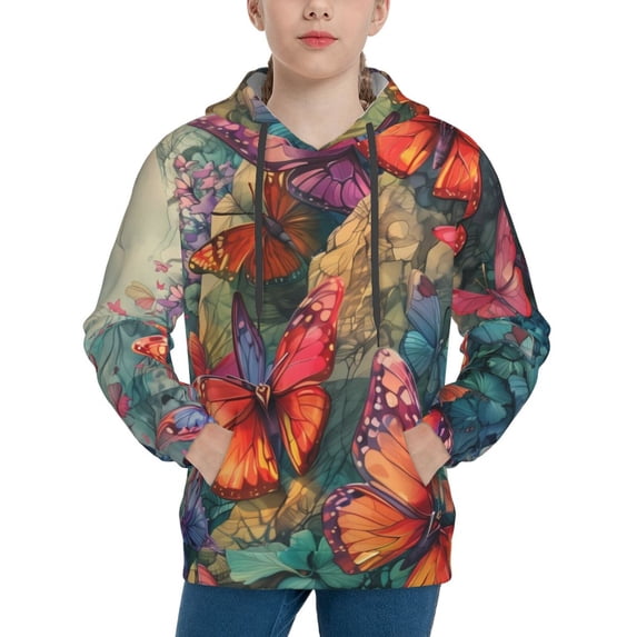 Daiia Butterflies On Rocky Cliff for Boys Fashion Hoodies & Sweatshirts with Kangaroo Pocket,Hooded Sweatshirt for Kid, Breathable& Moisture Wicking-X-Large