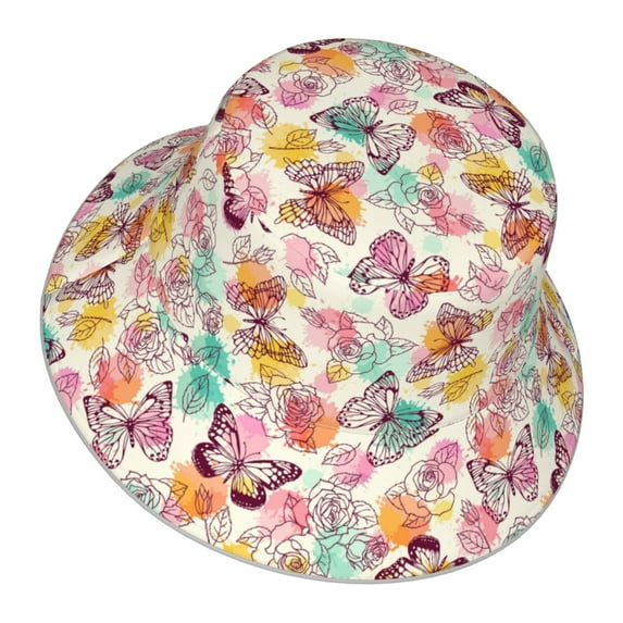 Daiia Butterflies and Roses Pattern Bucket Hat - Trendy Cotton Sun Hat for Beach, Golf, Fishing - Fun Outdoor Vacation Boonie for Men and Women