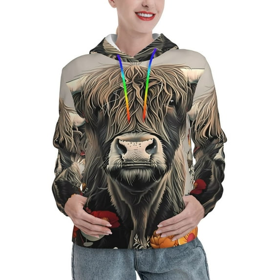 Daiia Butterfly Cow With Flowers Pattern Women's Fashion Hoodies & Sweatshirts with Kangaroo Pocket Hooded Sweatshirt with Eye-catching Drawstrings-XX-Large