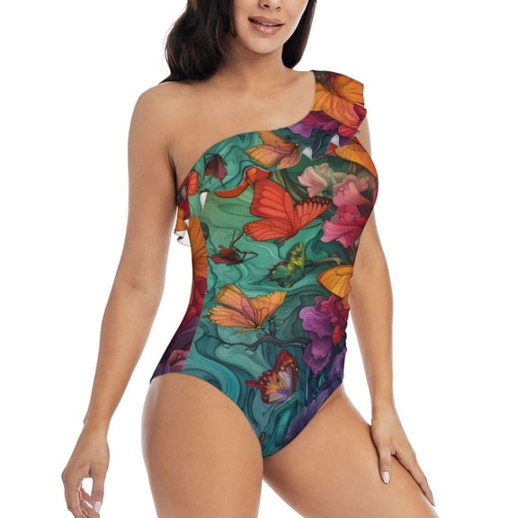 Daiia Butterfly Flower Cascade Women's One Piece Swimsuits Personalized One Shoulder Swimwear Asymmetric Ruffle Bathing Suits-Large