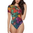 thumbnail image 1 of Daiia Butterfly Flower Cascade print Women's Crew Neck Short Sleeve Bodysuit Fashion Tops Fit Casual Basic Extender Bodysuit-Large, 1 of 9