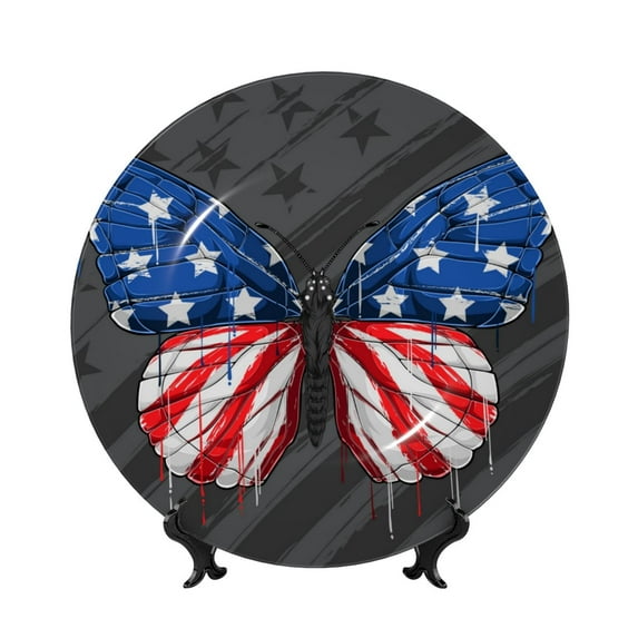 Daiia Butterfly With USA Flag Printed Pattern Ceramic Plate Dinner Plates Bone China Decorative Plates with Display Stand Art Ceramic Ornaments for Wall Hanging Decoration-10in