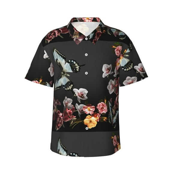 Daiia Butterfly with Fowers Hawaiian Shirt for Men Gentle Cotton Regular Short Sleeve Casual-Small