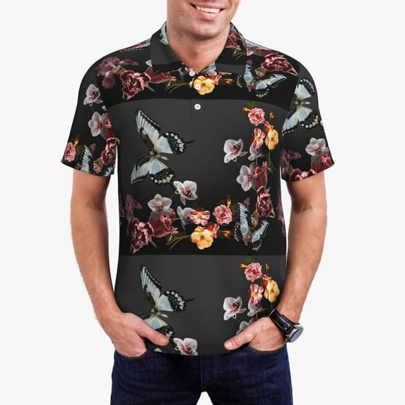 Daiia Butterfly with Fowers Pattern Men’s Polo Shirts,Solid Deck Shirt,Classic Fit, Breathable Cotton Polo for Casual and Sport Wear-4X-Large