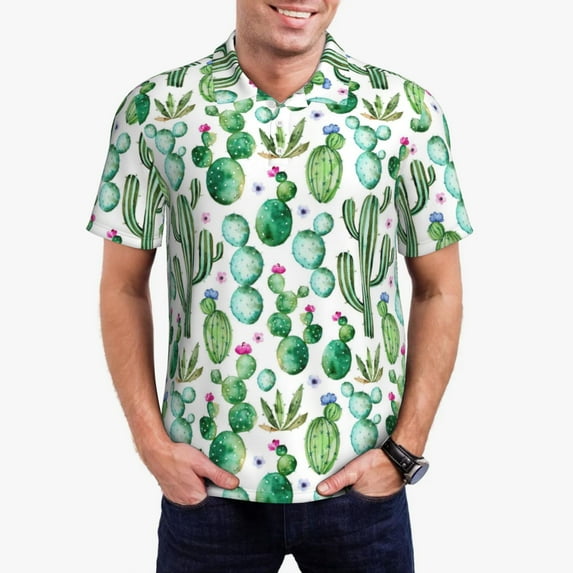 Daiia Cactus Plants1 Pattern Men’s Polo Shirts,Solid Deck Shirt,Classic Fit, Breathable Cotton Polo for Casual and Sport Wear-Medium