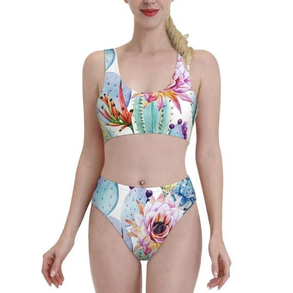 Daiia Cactus printed 2 piece Swimsuit Bikinis for Women High Waisted Racerback Bathing Suits Summer Tummy Control Scoop Neck Swimwear-Small