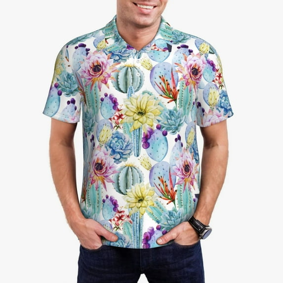 Daiia Cactus1 Pattern Men’s Polo Shirts,Solid Deck Shirt,Classic Fit, Breathable Cotton Polo for Casual and Sport Wear-