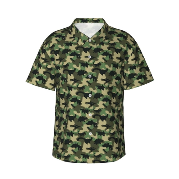 Daiia Camouflage Dinosaur Hawaiian Shirt for Men Gentle Cotton Regular Short Sleeve Casual-Large
