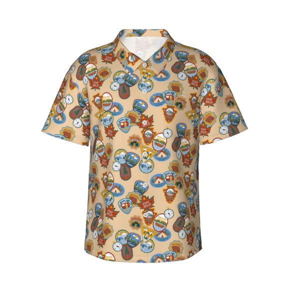 Daiia Camp Badge Hawaiian Shirt for Men Gentle Cotton Regular Short Sleeve Casual-Small