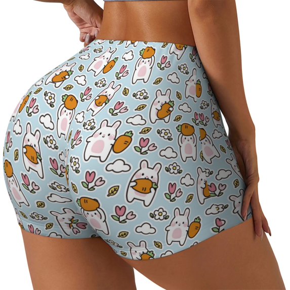 Daiia Carrot Rabbit Pattern Women's Workout Shorts Biker Shorts - High Waisted Workout Spandex Tummy Control Gym Running Yoga Shorts-Large