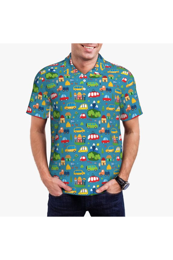 Cars Transportation Pattern Men’s Polo Shirts,Solid Deck Shirt,Classic Fit, Breathable Cotton Polo for Casual and Sport Wear-Small