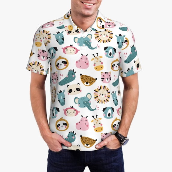 Daiia Cartoon Animals Pattern Men’s Polo Shirts,Solid Deck Shirt,Classic Fit, Breathable Cotton Polo for Casual and Sport Wear-