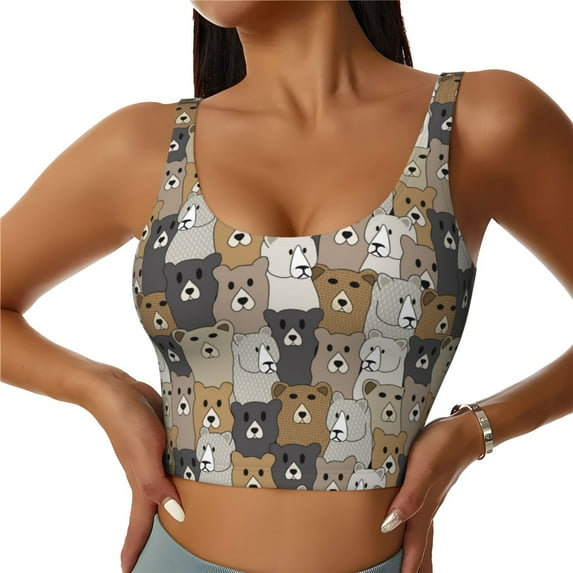 Daiia Cartoon Bear Printed Women's Sports Bra, Breathable Activewear Bra with U-Back Design and Removable Pads, Comfortable and Supportive for Yoga, Workout-Medium