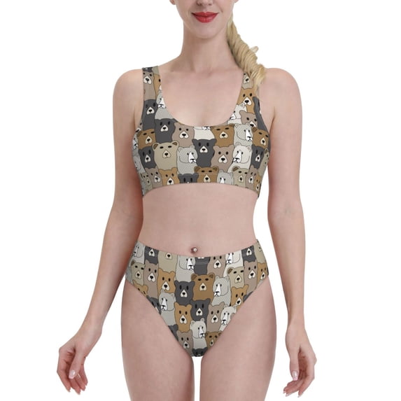 Daiia Cartoon Bear printed 2 piece Swimsuit Bikinis for Women High Waisted Racerback Bathing Suits Summer Tummy Control Scoop Neck Swimwear-XX-Large