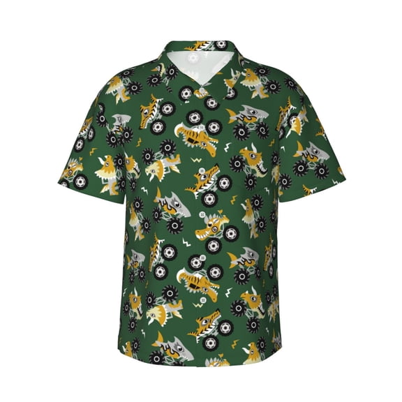 Daiia Cartoon Car Hawaiian Shirt for Men Gentle Cotton Regular Short Sleeve Casual-Large