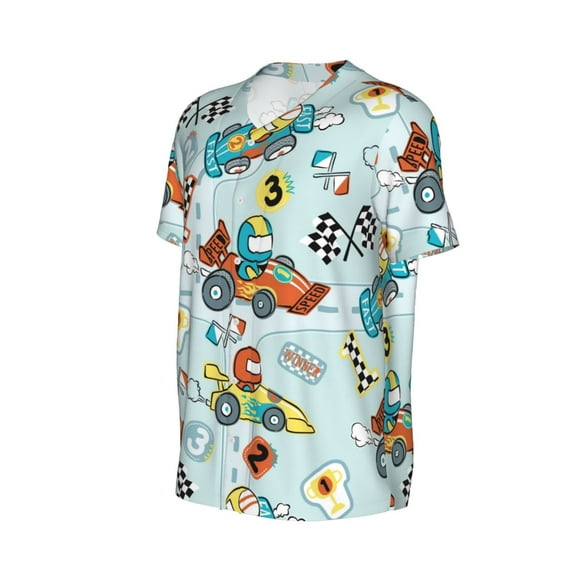 Daiia Cartoon Car Racing Mens Baseball Jersey Button Down Shirts Short Sleeve Sports Uniforms-XX-Large
