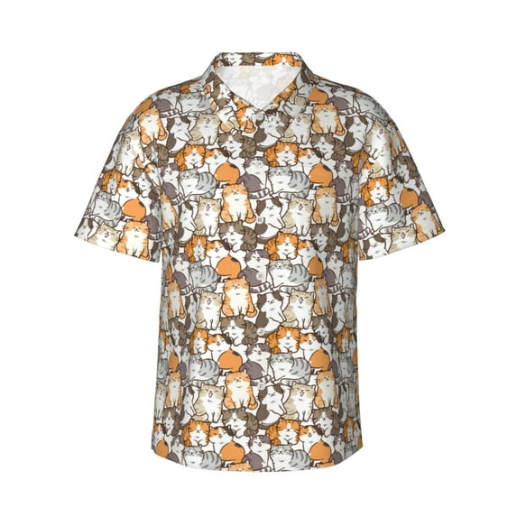 Daiia Cartoon Cat Print Hawaiian Shirt for Men Gentle Cotton Regular Short Sleeve Casual,Large