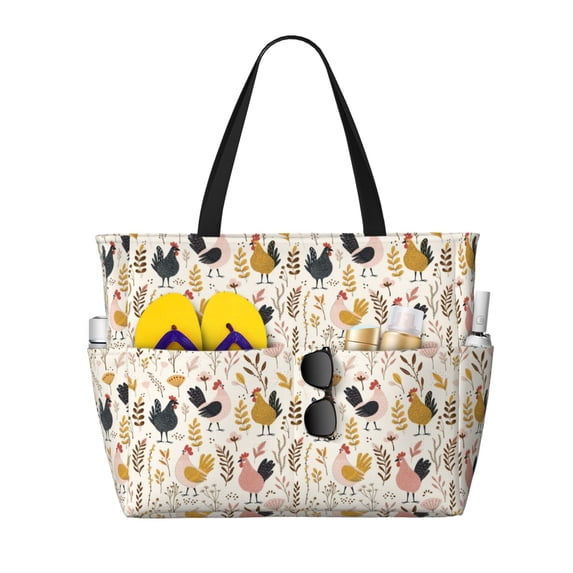 Daiia Cartoon Chickens Beach Travel Bag - Water-Resistant Beach Bag, Lightweight Tote with 7 Pockets for Women and Men - Gym,Pool,Camping,Reusable Grocery Bag