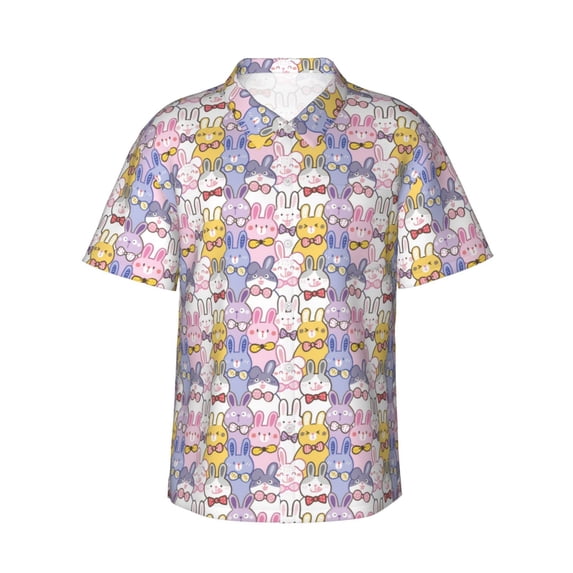 Daiia Cartoon Colorful Rabbit Hawaiian Shirt for Men Gentle Cotton Regular Short Sleeve Casual-Medium