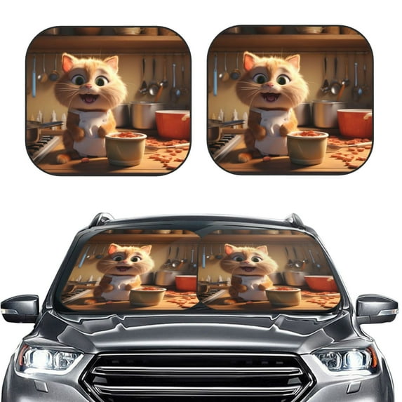 Daiia Cartoon Cooking Cat 2PCS Car Windshield Sun Shade, Foldable Sun Shield for Car Front Window, Auto Sun Blocker Visor Protector Universal for Truck SUV Pickup-Large