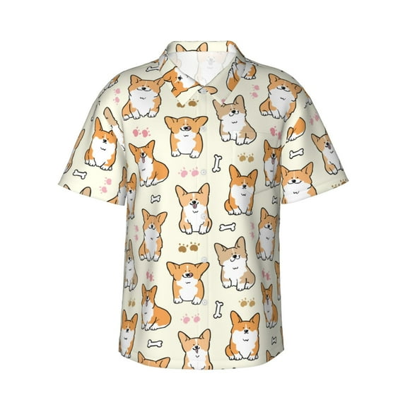 Daiia Cartoon Corgi Hawaiian Shirt for Men Gentle Cotton Regular Short Sleeve Casual-Medium