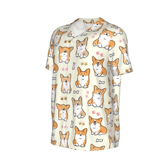 Daiia Cartoon Corgi Mens Baseball Jersey Button Down Shirts Short Sleeve Sports Uniforms-X-Large