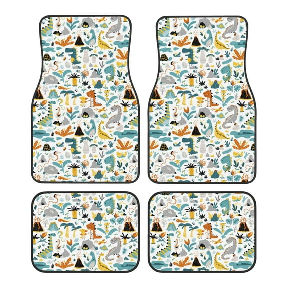 Daiia Cartoon Dinosaur Printed Car Floor Mats Set of 4, Durable Non Slip Auto Floor Carpet, Car Interior Carpets Proof Foot Pads Anti-Slip Cushion Automoetive Accessories